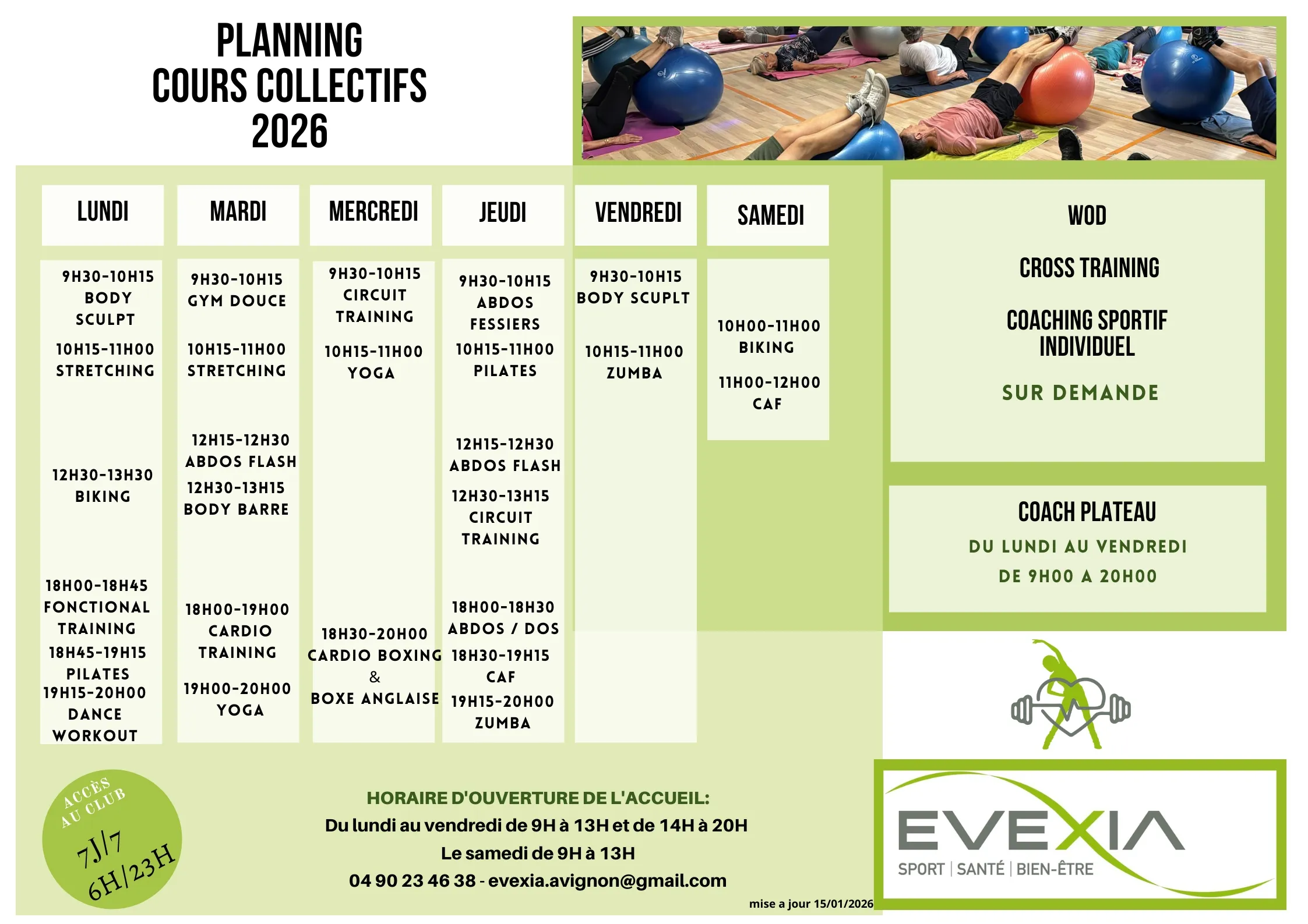 PLanning cours de sport collectif chez EVEXIA à Avignon